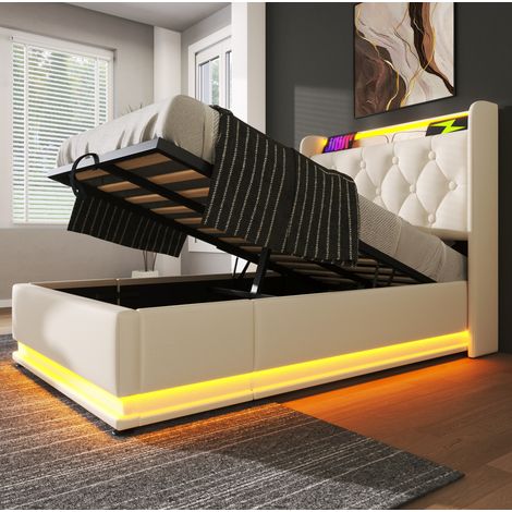 Lit capitonné classique 90x200 cm blanc en PU avec tête de lit tuftée, LED 360°, USB-C et coffre hydraulique (1/5)
