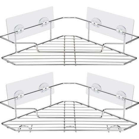 Étagère de douche d'angle, étagères de salle de bain en acier inoxydable avec crochets - Organiseur d'étagère de douche auto-adhésif pour salle de bain, cuisine - Chrome, lot de 2 (1/5)