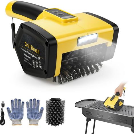 Brosse de barbecue électrique, 800 tr/min, sans fil avec batterie rechargeable de 3000 mAh, brosse amovible lavable avec lumière LED et câble USB pour grille de barbecue (1/5)