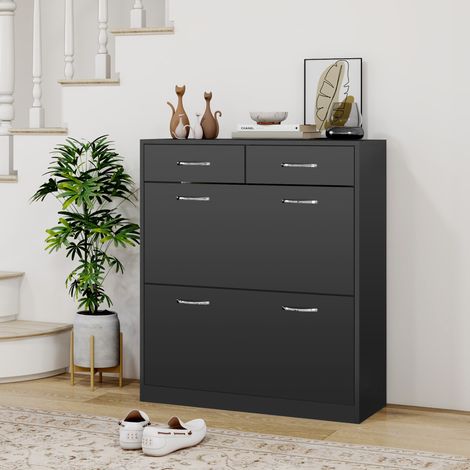 Schuhschrank mit 2 Schubladen und 2 Klapptüren, verstellbarem Einlegeboden und Aluminiumgriffen. 80 x 30 x 91,5 cm, Schwarz.