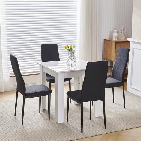 75x75cm Square Dining Table and Chairs Set, Small Dining Room Set High Gloss Dining Table with Chairs Home Furniture (Black Linen, White Table with 4 Chairs)
