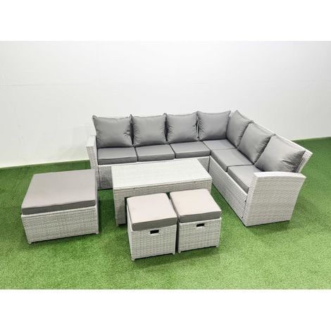Fimous 9 Seater Garden Outdoor Rattan Furniture Set Rattan Corner Sofa Oblong Coffee Table Set with 3 Footstools Light Grey Mixed (1/5)