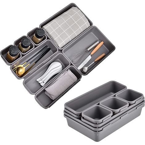 16er-Set Schubladen Ordnungssystem Büro, Kunststoff Schreibtisch Organizer, Schublade Organizer Büro für Küche, Badezimmer, Büro Zubehör, Schminktisch, Schlafzimmer - Hellgrau (1/5)