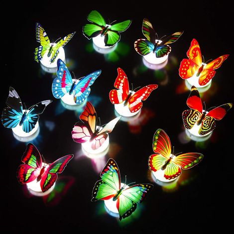 Lot de 12 papillons décoratifs LED colorés, veilleuses 3D, stickers muraux, lumières LED pour jardin, terrasse, pelouse, mariage, chambre d'enfant, salon (styles aléatoires). (1/5)