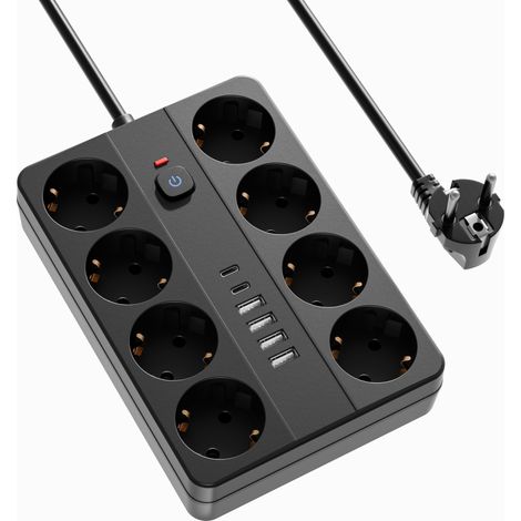 Bloc multiprise 8 prises avec interrupteur, 4USB-A (2,4 A) et 2USB‑C (2,4 A). Avec câble d'extension, protection contre les surcharges et sécurité enfant. Convient pour le fonctionnement de plusieurs (1/5)
