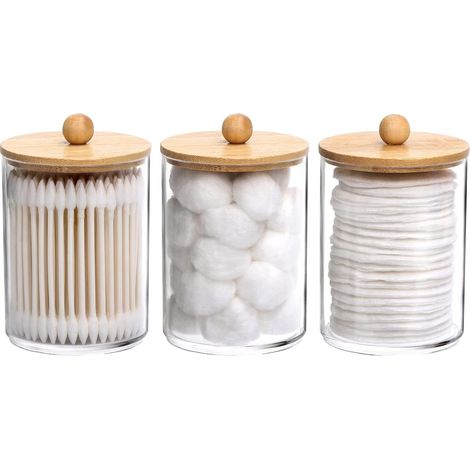 Porte-cotons-tiges/boules/tampons de 283 g (10 oz), pot d'apothicaire pour cotons-tiges, distributeur de contenants de salle de bain transparents, lot de 3 couvercles en bois (1/4)