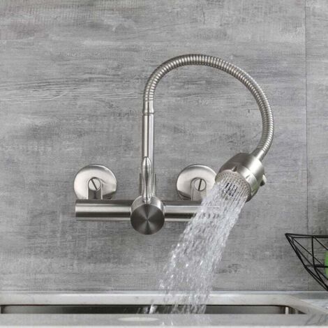 NALOOKAMIC mitigeur Mural Cuisine,Matériau En Acier Inoxydable 304 De Qualité Alimentaire,Rotatif à 360 ° Robinet Mural De Cuisine Des Trous De Montage 6.3CM-24CM (1/3)