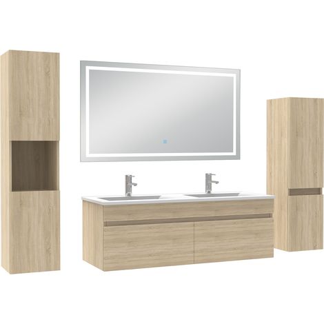 Acezanble Ensemble meuble Salle de Bain 120cm avec colonne + miroir lumineux 3 couleurs Chêne Wotan