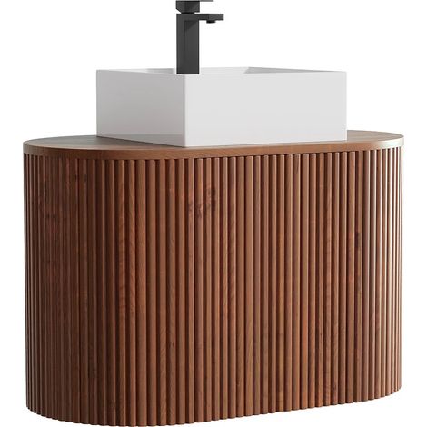 Mobile lavabo sospeso in teak con lavabo da appoggio quadrato e rubinetto Naturale scuro 90 cm - TOWARI (1/5)