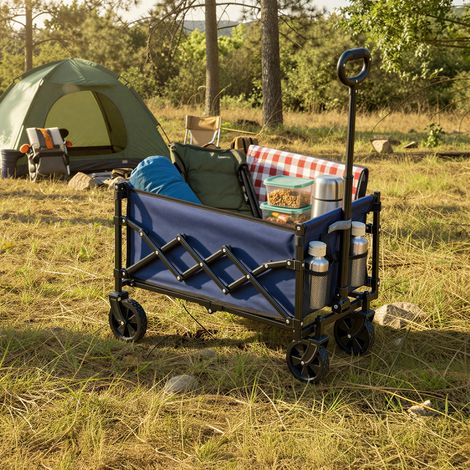 Songmics – Chariot de jardin pliable 4 roues renforcées – Grande capacité 180L – Léger et maniable – Pour terrains accidentés – Bleu