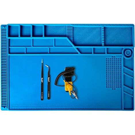 Kaisiking Lot de 4 grands tapis de soudure en silicone avec poignet antistatique et 2 pinces à épiler Tapis de réparation d'ordinateur pour soudure, réparation électronique, taille 55 x 35 cm (1/5)