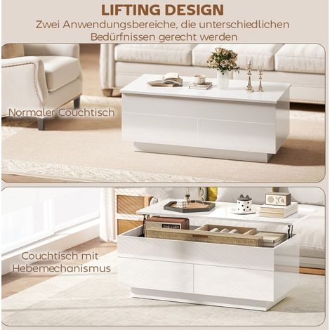 Couchtisch höhenverstellbar 102x48x54,5 cm Weiß Hochglanz mit Stauraum und 2 Schubladen (1/5)