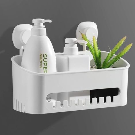 Serviteur de Rangement Douche à Suspendre Ventouse sans Perçage Réutilisable, Étagère Douche Amovible 8kg, Panier de Serviteur Mural Plastique pour Salle De Bain/Toilette/Cuisine, Blanc-Fei Yu (1/5)