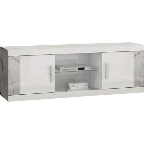 EROS - Meuble TV 2 Portes et 2 Niches Blanc avec Décor Latéral Aspect Marbre (1/3)