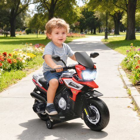Elektro-Motorrad für Kinder von 18-36 Monaten, Aufsitz-Fahrzeug, Hilfsräder, Lichter, Musik, Kunststoff, Stahl, Rot