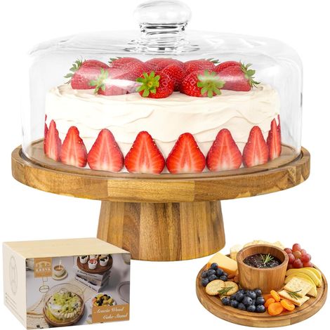 Cake Tray with Lid, Cake Stand with Foot, Multifunctional Wooden Cake Tray, 30cm Round Cake Tray with Glass Lid, Turntable for the (1/5)