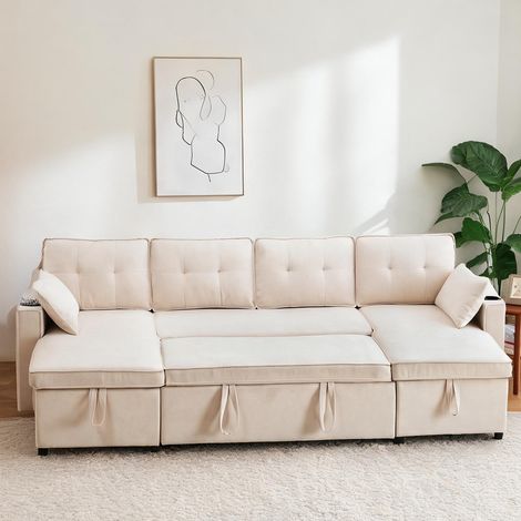 Canapé convertible U beige 270 x 130 cm en tissu lin (1/5)