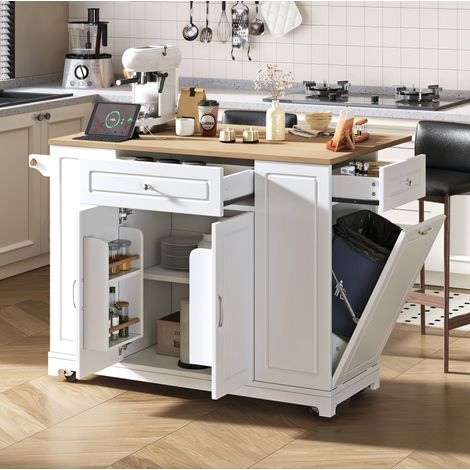 Mobile cucina isola da cucina su ruote, piano di lavoro estensibile, bianco e naturale HAVRYA (1/5)