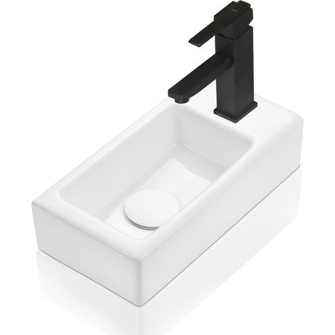 Horow – Lave mains suspendu en céramique blanc – Dimensions 37 x 18,5 x 9 cm – Trou robinet à droite – Installation murale facile
