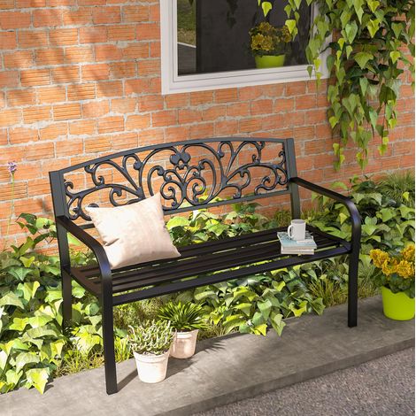 Banco de jardín 2 plazas de acero con respaldo y reposabrazos, 127 x 60 x 87 cm, negro DESVIAE (1/5)