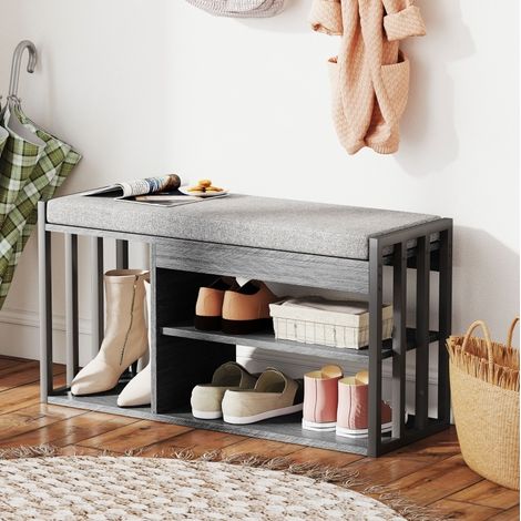 Meuble à chaussures avec banc 86x30x45,5 cm gris, 3 niveaux, bois et métal MEUBLIV (1/5)