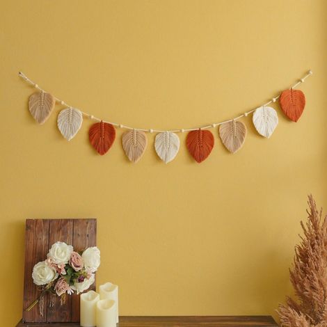 Décoration murale bohème à pompons — Tenture murale tissée à la main en forme de feuille — Décoration de feuilles d'automne — Ornement à pompons en fil — Décoration murale artistique (1/4)