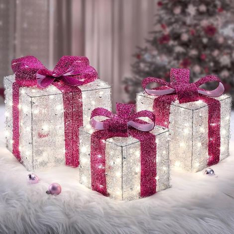 Cadeau Lumineux Noël 140 LEDs, 3Pcs Boîtes cadeaux Lumineuses avec Nœuds Rose, Coffret Cadeau Décoration Noël avec Guirlande Lumineuse Blanc Chaud, Déco Noël Intérieur pour Maison Arbre de Noël (1/5)