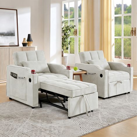 Fauteuil-lit 3 en 1 avec connexion USB/Type-C, canapé-lit (190 cm) avec porte-boissons en acier inoxydable, fonction lit et appui-dos réglable à 3 niveaux, poches latérales. Idéal pour petites salles 