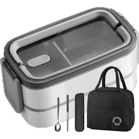 boîte à lunch isotherme,304Boîte à lunch portable blanche en acier inoxydable à 3 compartiments + cuillère, baguettes + sac