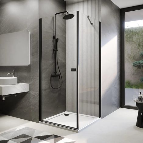 Cabine de douche 80x70 cm avec porte battante et paroi fixe profilés noir mat et verre transparent 8 mm h195 Fiji (1/4)