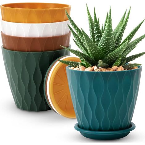 Pots de fleurs de 15 cm, lot de 5 pots d'intérieur/extérieur, pots avec trous de drainage et soucoupes multicolores (1/4)