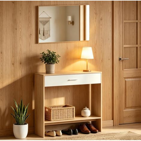 Console ingresso con specchio a parete, tavolino con cassetto, 91,5 x 27,9 x 85,5 cm, bianco quercia (1/5)