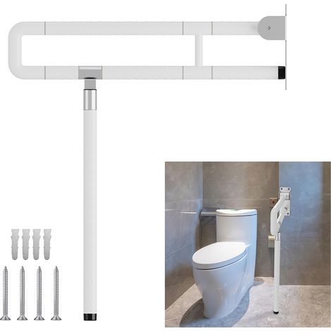 Randaco Klappbarer WC-Stützgriff 60 cm mit Stützbein - Wandhaltegriff für Toilette und Dusche - Edelstahl Weiß - belastbar bis 200 kg