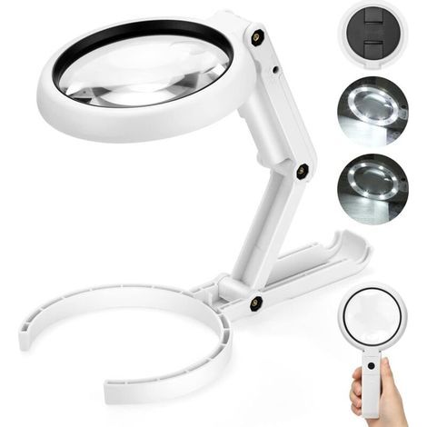 5X/11X Illuminated Magnifier with Folding Stand – 75mm Lens Diameter – 8 Adjustable LED Lights – USB or 3 AAA Battery Powered (1/5)