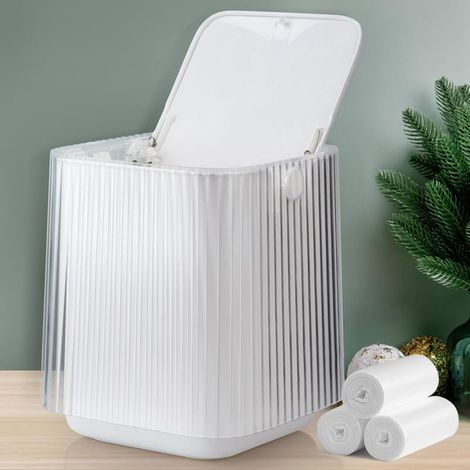 Papelera de sobremesa con tapa de botón, papelera pequeña para baño, dormitorio, oficina y coche, 14,2 × 17 cm (blanca) (1/5)