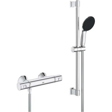 Ensemble de douche avec mitigeur thermostatique, pommeau 1 jet, barre 60cm et flexible - GROHE 34597001 - Economie d'eau - Chrom
