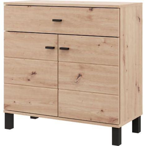 Sideboard Pisac, Schrank mit Schublade, 2 Regale, Schwenk-, Schiebetür, 77x35x78h cm, Braun Eichendekor