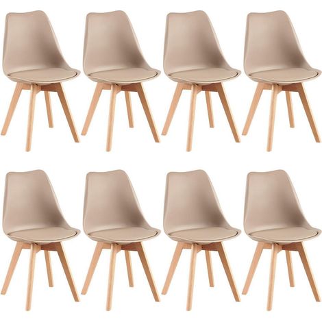 Lot de 8 chaises de salle à manger scandinaves, pieds en bois, assise rembourrée, clair kaki (1/5)