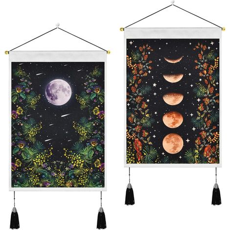 2 Pièces Tapisserie Glands Lune Mur Art Coton Lin Fleur Tapisserie Décoration de La Maison 35x50cm Noir-Fei Yu (1/5)