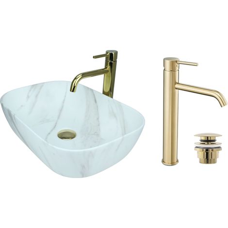 GTM Design Aufsatzwaschbecken 46 cm Matt Set mit Waschtischbatterie und Stopfen - Aufsatzwaschbecken Oval für Badezimmer - Modernes Waschbecken ohne Hahnloch - Waschbecken mit Armature (1/5)