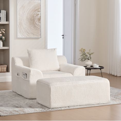 Sofa 147x110x67 cm Rippenvelours beige — Breiter Sessel mit Fußstütze und Seitentaschen (1/5)