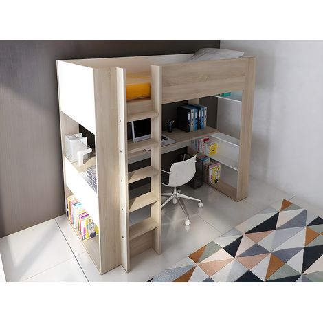 Letto a soppalco con scrivania e vani portaoggetti integrati 90 x 200 cm Rovere e Bianco + Materasso - NOAH II (1/4)