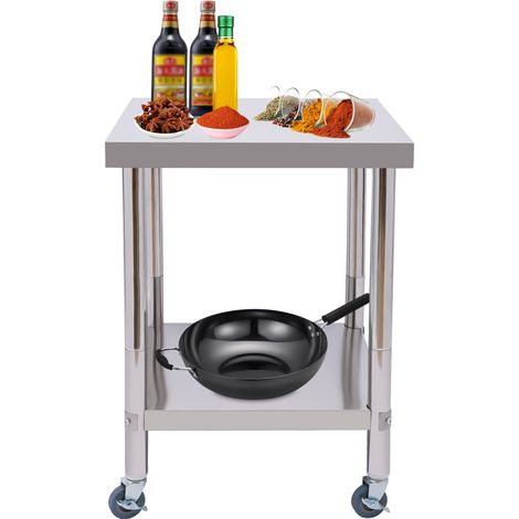 YISSALE-Table de travail en acier inoxydable 60 x 60 x 85 cm, table avec une capacité de charge allant jusqu'à 300 kg. Table de cuisine professionnelle pour gourmands sur roulettes. (1/5)
