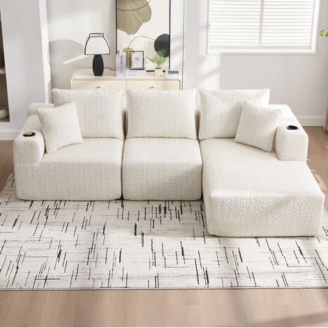 Canapé de esquina modular de chenilla beige en L 261x165x80,5 cm sin montaje (1/5)