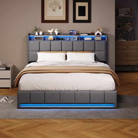 FOERPL-Letto baule 160 x 200 cm con LED e porta USB/Type-C, letto matrimoniale imbottito 160 x 200 con contenitore idraulico e rete, testiera imbottita con ripiani aperti letto per adulti