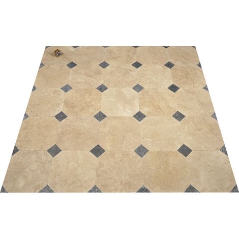 Carrelage octogonal en travertin crème 40,6x40,6x1,2cm – 1er choix vieilli – Pour revêtement de sol intérieur – 1 m²