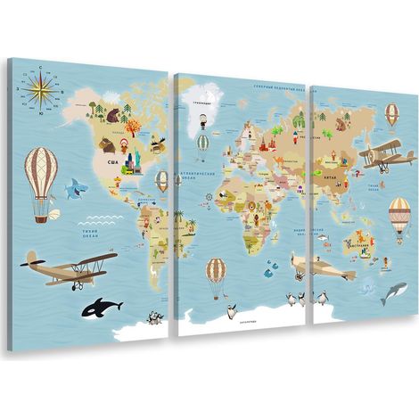 Tableau triptyque carte du monde animée en cyrillique - 90x60 cm (1/4)