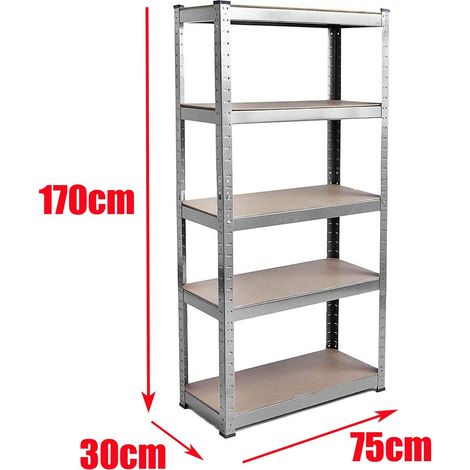 Étagère de rangement en métal - 30 profondeurs - 170 cm de hauteur - 75 cm de largeur - Charge maximale : 875 kg - 5 étagères réglables - Pour garage, atelier, cave, cuisine (1/5)