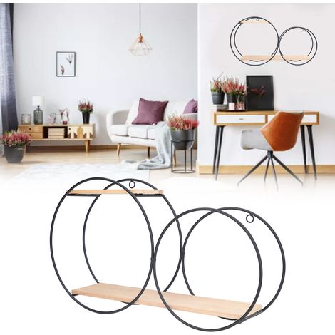[Estante de pared] Estante de pared redondo de metal y madera, 45 cm de diámetro, para sala de estar, dormitorio, oficina, alta capacidad de carga, uso versátil. (1/5)