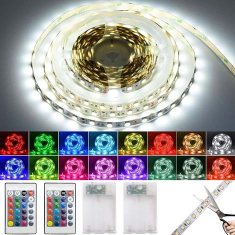 Lot de 2 bandes LED RVB 5050 autocollantes à piles - 1 m - 16 couleurs changeantes - Avec télécommande - Pour armoires, escaliers, cuisine, lits (1/5)